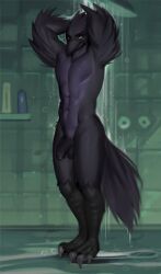 anthro avian beak bird black_body black_feathers bottle corvid corvus_(genus) enlas feathers flaccid furry furry_only genitals guppic hand_on_head hi_res looking_at_viewer male male_only nude oscine passerine penis shampoo_bottle showering solo standing water