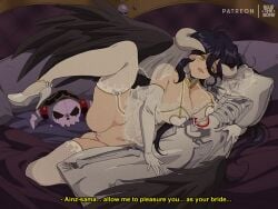 1girls ainz_ooal_gown albedo_(overlord) ass bed big_breasts black_hair bluethebone body_pillow breasts bride cleavage english_text female female_focus female_only fishnet_stockings gloves grabbing_pillow heels high_heels hips horns large_breasts legwear lingerie long_hair no_panties overlord_(maruyama) pussy retro_artstyle shaved_pussy skeleton solo stockings succubus thick thick_thighs thighhighs wedding_dress wet_pussy wide_hips wings