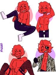 addison addisons bulge_through_clothing deltarune deltarune_chapter_2 deltarune_oc eyepatch eyewear gay holding_object holding_weapon knife lipstick majima_goro_(cosplay) makeup oc open_legs original_character red_body red_skin sweat thigh_highs topless topless_male twink