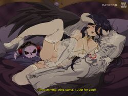 1girls ainz_ooal_gown albedo_(overlord) ass bed big_breasts black_hair bluethebone body_pillow breasts bride cleavage closed_eyes cumming english_text female female_focus female_only fishnet_stockings gloves grabbing_pillow heels high_heels hips horns large_breasts legwear long_hair masturbating masturbation no_panties orgasm orgasm_face overlord_(maruyama) pussy retro_artstyle shaved_pussy skeleton solo stockings succubus thick thick_thighs thighhighs wedding_dress wedding_veil wet_pussy wide_hips wings