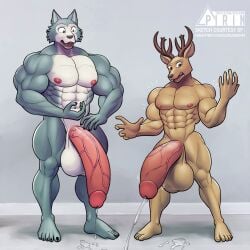 anthro antlers balls beastars big_balls big_penis black_nose bodily_fluids brown_body brown_fur canid canine canis cervid cervine digital_media_(artwork) dripping duo excessive_precum fur genital_fluids genitals grey_body grey_fur growth half-erect hi_res horn huge_cock humanoid_genitalia humanoid_penis hyper hyper_genitalia hyper_penis legoshi_(beastars) louis_(beastars) male male_only mammal muscle_growth muscular muscular_anthro muscular_male nipples nude open_mouth penis pirin-apex precum precum_drip precum_on_ground precum_squirt red_deer simple_background standing surprised_expression vein veiny_penis wolf