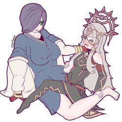 2girls alternate_version_available bangs bare_legs blush breasts brown_eyes clothed_sex clothed_tribadism covered_nipples female female_only fire_emblem fire_emblem_heroes grey_hair hair_over_one_eye hyperkiara69 kiran_(fire_emblem) kiran_(fire_emblem)_(female) large_breasts long_hair multiple_girls nintendo one_eye_closed open_mouth purple_hair red_eyes sex small_breasts smile sweat tribadism tribadism_through_clothing veronica_(fire_emblem) very_long_hair yellow_eyes yuri