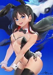 2022 akebi-chan_no_serafuku akebi_komichi alternate_costume animal_ears black_bow black_bowtie black_hair black_legwear black_sailor_collar black_skirt blue_eyes blue_neckerchief blue_sky blurry blurry_background bow bowtie breasts bunny_ears bunnysuit cleavage clothes_removed cloverworks commentary_request cowboy_shot detached_collar female gradient_sky highres leotard long_hair looking_at_viewer medium_breasts neckerchief playboy_bunny pleated_skirt rabbit_ears rabbit_tail roubai_academy_school_uniform_(old) sailor_collar school_uniform see-through serafuku skirt sky solo standing strapless strapless_leotard tail teeth thighhighs transparent_bunnysuit two-tone_leotard wrist_cuffs xiaoyu