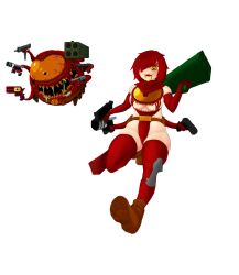 beholster_(enter_the_gungeon) belt boots breasts brown_boots enter_the_gungeon female gijinka gong-gi gun hair_covering_eye light_skin monster one_eye one_eye_covered open_mouth pouch red_hair red_stockings rocket_launcher sharp_teeth short_hair stockings tagme uzi yellow_eyes