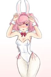 1girls bangs bowtie breasts bunny_ears bunnysuit cleavage cuffs_(clothing) doki_doki_literature_club embarrassed eye_closed eyebrows_visible_through_hair female latex latex_suit natsuki_(doki_doki_literature_club) pantyhose pin pink_eyes pink_hair raionart red_hair_ornament small_breasts thick_thighs white_latex