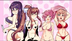 4girls bikini black_heart_pasties black_pasties blinded_fate_studios brown_hair dildo doki_doki_literature_club female female_only heart_pasties horny latex leotard licking_lips lingerie looking_at_viewer monika_(doki_doki_literature_club) multiple_girls natsuki_(doki_doki_literature_club) nipple_stickers pasties pink_hair purple_bikini purple_hair saliva sayori_(doki_doki_literature_club) shiny_clothes smug stockings tagme tight_clothing tongue voluptuous yuri_(doki_doki_literature_club)