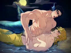 2boys black_hair blonde_hair cum_on_chest dio_brando head_fins highres implied_sex jojo's_bizarre_adventure jotaro_kujo large_pectorals less_end male male/male male_only merfolk merman monster_boy muscular muscular_male nipples no_hat no_headwear pectorals scar scar_on_neck stardust_crusaders topless_male yaoi