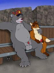 2022 anthro balls baloo belly black_nose blue_eyes brown_body canid canine clothing disney duo embrace erection fox genitals gideon_grey grey_body hat headgear headwear hi_res hug humanoid_hands male male/male mammal overweight overweight_male penis sitting size_difference talespin tokon ursid zootopia zootropolis