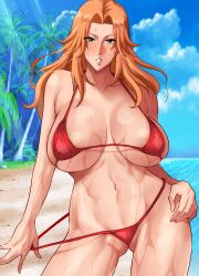 1girls beach big_breasts bikini bleach blush breasts cropped eye_contact female haikawa_hemlen huge_breasts large_breasts looking_at_viewer matsumoto_rangiku micro_bikini orange_hair solo standing sweat thick_thighs thighs voluptuous wide_hips