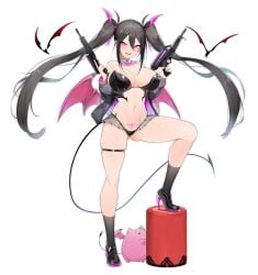 1girls bare_midriff bare_shoulders bare_thighs bat belly_button big_breasts black_hair breasts curvaceous curvy curvy_female curvy_hips demon demon_girl demon_tail demon_wings dual_wielding fangs gun heels high_heels highres holding_object holding_weapon large_breasts long_hair long_twintails looking_at_viewer luse_maonang navel navel_line open_clothes open_mouth panties partially_nude pink_eyes pubic_tattoo purple_eyes purple_nail_polish purple_nails pussy_bulge red_potato_rinrin sharp_teeth sweater tail thick_thighs thighs twintails weapon yuuki_nanase_(red_potato_rinrin)