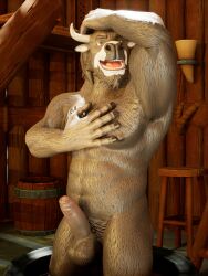 3d_(artwork) absurd_res bovid bovine buruthebull cattle digital_media_(artwork) erection fur happy hi_res male male/male mammal showering smile viking_village wet wet_body wet_fur