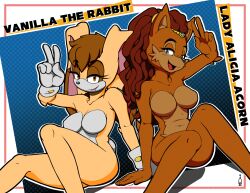 alicia_acorn amber_eyes anthro ardan_norgate blue_eyes breasts breasts_out brown_body brown_fur brown_hair bunny_tail chipmunk chipmunk_humanoid crown dotted_background female furry furry_female gloves hair hand_on_floor lagomorph lagomorph_humanoid lipstick looking_at_viewer mammal mammal_humanoid milf naked no_nipples nude open_mouth pink_lips queen rabbit rabbit_ears rabbit_humanoid red_hair rodent rodent_humanoid sega sitting smiling smiling_at_viewer sonic_(series) sonic_the_hedgehog_(archie) sonic_the_hedgehog_(comics) squirrel tagme tan_body tan_fur text two_fingers_up vanilla_the_rabbit white_fur