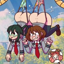 3girls aged_up ass ass_to_ass big_ass big_butt black_eyes breasts brown_eyes brown_hair bubble_butt butt_crack day fat_ass female female_focus female_only glasses green_hair hanging_wedgie large_ass light-skinned_female light_skin mei_hatsume multiple_girls my_hero_academia ochako_uraraka outdoors outside panties pink_hair round_glasses school_uniform semidraws short_hair shounen_jump stuck tagme thighhighs tie tongue_out tsuyu_asui underwear wedgie