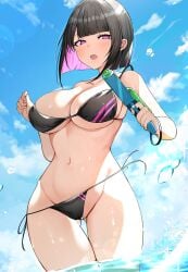 1girls :o ass_visible_through_thighs bare_arms bare_shoulders belly_button bikini black_bikini black_hair breasts cameltoe censored cleavage clothed clothing colored_inner_hair day female female_focus female_only groin hair_ornament hairclip highres holding human large_breasts light-skinned_female light_skin looking_at_viewer looking_down luse_maonang mostly_nude multicolored_hair navel open_mouth original outdoors pale_skin pink_eyes red_potato_rinrin short_hair side-tie_bikini skindentation solo standing stomach string_bikini swimsuit thighs two-tone_hair underboob wading water water_gun yuuki_mama