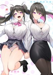 2girls ? bare_thighs black_bra black_hair blouse bob_cut breasts busty cleavage clothed clothing fangs female female_focus female_only heart holding_hands huge_breasts large_breasts long_sleeves luse_maonang milf mother_and_daughter open_mouth panties partially_clothed purple_eyes red_potato_rinrin school_uniform schoolgirl schoolgirl_uniform see-through_panties sharp_teeth shirt short_skirt skirt skirt_lift skirt_up tight_clothing tights tongue twintails two_tone_hair voluptuous yuuki_mama yuuki_nanase_(red_potato_rinrin)