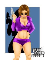 brown_eyes brown_hair cleavage collarbone emotionless expressionless female_only femdom freckles freckles_on_breasts grand_theft_auto grand_theft_auto_iii gun hand_on_hip holding_gun huge_breasts leather_jacket logo long_hair maijin-kakarroto misty_(gta) navel pink_lipstick posing prostitute prostitution shorts solo standing text wet_nipples