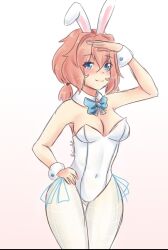 1girls blue_eyes bowtie bunny_ears bunnysuit doki_doki_literature_club hand_on_hip latex latex_suit pantyhose pink_hair pov pov_eye_contact raionart sayori_(doki_doki_literature_club) smile smiling white_latex