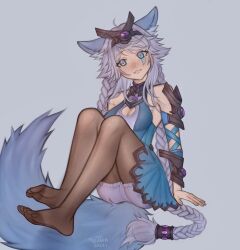 1girls animal_ears animal_tail black_legwear black_pantyhose blue_eyes blush clothed clothed_female feet female female_only fox_ears fox_tail hi-rez_studios io_(paladins) large_breasts legwear light-skinned_female light_skin looking_at_viewer paladins pantyhose seraph_(artist) silver_hair soles solo solo_female toes twin_braids twintails watermark