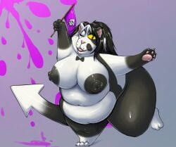 2016 anthro arrow belly big_belly big_breasts black_and_white_body black_and_white_fur black_and_white_hair bow_tie breasts domestic_cat felid feline felis female female_only flag front_view fur furry genitals hair hi_res holding_flag holding_object judd looking_at_viewer mammal navel nintendo nipples nude on_one_leg one_eye_closed open_mouth overweight overweight_anthro overweight_female paint_splatter paws pointy_tail pussy shenzel shenzel_(shenzel) shortstack smile solo solo_female splatoon standing thick_thighs video_games wide_hips wink yellow_eyes