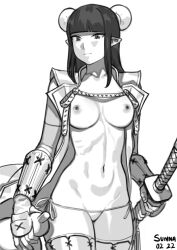 absurdres armor artist_name bangs blunt_bangs breasts closed_mouth collarbone cowboy_shot dated elf female greyscale highres holding holding_sword holding_weapon katana long_hair medium_breasts monochrome navel nilsunna nipples original panties pointy_ears side-tie_panties simple_background smile solo sword thighhighs underwear vambraces weapon white_background