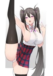 1girls armpits belly_button belly_button_visible_through_clothing big_breasts black_hair blush breasts cameltoe clothed clothing female female_focus female_only flexible hair_between_eyes holding_leg human leg_up long_twintails miniskirt pale_skin partially_clothed pink_eyes pussy red_potato_rinrin ribbon sharp_teeth sideboob skindentation skirt_around_belly solo solo_female solo_focus splits standing_on_one_leg stockings tagme thick_thighs thighhighs twintails v vertical_splits white_background white_panties yuuki_nanase_(red_potato_rinrin)