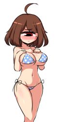 ai_(monster_girl_island) big_breasts blush brown_hair concerned monoeye monster_girl monster_girl_island one_eye oritanief polka_dot_bikini polka_dot_panties