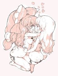 2girls ambiguous_fluids ass_cleavage asymmetrical_docking big_hair bow braid breast-to-breast breast_press breasts butt_crack camisole clothing couple curvaceous duo embracing feet female female_only footwear hair_bow hair_ornament heart hug kissing kneehighs lingerie long_hair marisa_kirisame medium_breasts monochrome multiple_girls mutual_yuri pantsu randou reimu_hakurei saliva saliva_trail side-tie_panties simple_background socks sweat touhou underwear yuri