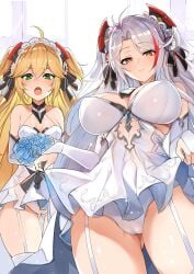 2girls admiral_hipper_(azur_lane) antenna_hair ass ass_visible_through_thighs azur_lane bangs bare_shoulders bare_thighs barely_visible_genitalia blonde_hair blush bouquet breasts cameltoe collar dress eyebrows_visible_through_hair female female_only flower flowers gloves green_eyes headgear highres horns large_breasts long_gloves long_hair looking_at_viewer luse_maonang medium_breasts multiple_girls navel_line no_bra open_mouth orange_eyes panties parted_bangs prinz_eugen_(azur_lane) pussy pussy_peek red_potato_rinrin see-through_clothing short_skirt skirt skirt_lift smile smiling solo stockings streaked_hair thighhighs thighs underwear very_long_hair wedding_dress white_gloves white_hair white_legwear white_panties white_thighhighs