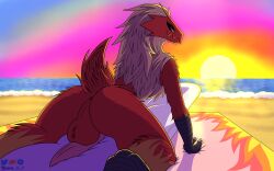 absurd_res anthro anus ass avian balls beach bird blaziken blue_eyes fur genitals hi_res looking_at_viewer looking_back male nintendo penis perineum pokemon pokemon_(species) raised_tail red_body red_fur seaside solo sunset therobd video_games yellow_body yellow_eyes yellow_fur