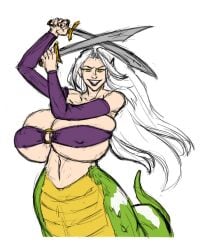 anthro first-second kyra_(symbiobro) large_breasts snake_girl swords symbiobro tagme white_hair yellow_eyes