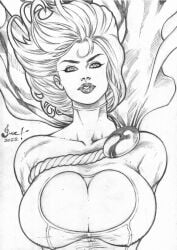 1girls black_and_white cape cleavage cleavage_cutout dc dc_comics huge_breasts jucilano karen_starr kryptonian long_hair looking_at_viewer power_girl voluptuous