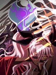 1girls arms_up dark_skin female glasses japanese_clothes kimono laying_down light_rays masked_male monster_girl pink_hair seductive seductive_smile sousei_no_onmyouji suzu_(sousei_no_onmyouji) tongue tongue_out twin_star_exorcists twintails white_hair