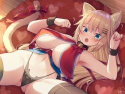 akai_haato animal_ear_fluff animal_ears armpits bangs bell black_legwear black_panties blonde_hair bow breast_curtains breasts cameltoe cat_day cat_ears cat_tail commentary_request eyebrows_visible_through_hair female fur_cuffs hair_ornament hairclip heart heart-shaped_pupils highleg highleg_panties highres hololive hololive_gen_1 hololive_japan jingle_bell large_breasts long_hair looking_at_viewer lying magowasabi nail_polish navel neck_bell nyan oerba_yun_fang on_back open_mouth panties paw_pose red_bow red_nails signature skin_fang solo stomach symbol-shaped_pupils tail tail_bell tail_bow tail_ornament thighhighs twitter_username underwear very_long_hair virtual_youtuber wrist_cuffs x_hair_ornament