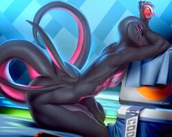 2d anthro artist_name athletic_female bent_over black_body blue_background looking_back magenta_claws magenta_eyes magenta_scales nintendo nipples open_mouth phone phone_screen pink_scales pokémon_(species) pokeball pokemon pokemon_(species) purple_skin reptile reptile_humanoid salazzle scalie scalie_female scalie_humanoid scalie_only seductive seductive_eyes seductive_look sitting_on_bed skygracer tagme tail towel