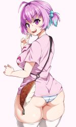 ahoge aki_(sangetusei) ass blue_hair eyebrows_visible_through_hair female hair_bobbles hair_ornament highres idolmaster idolmaster_cinderella_girls looking_at_viewer looking_back multicolored_hair oerba_yun_fang open_mouth panties pink_eyes pink_hair pink_shirt shirt short_hair short_sleeves smile solo striped striped_panties tears teeth thick_thighs thighhighs thighs two-tone_hair underwear upper_teeth v wavy_mouth white_legwear yumemi_riamu