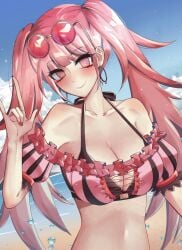 1girls alternate_costume bikini breasts cleavage eine_(eine_dx) female fire_emblem fire_emblem:_three_houses fire_emblem_heroes hilda_valentine_goneril hilda_valentine_goneril_(summer) large_breasts navel nintendo official_alternate_costume outdoors outside pink_bikini pink_hair pink_swimsuit solo swimsuit twintails