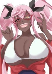 1girls big_breasts black_sclera blush bra breasts cleavage dark_skin female female_only glasses hair_ribbon huge_breasts japanese_clothes kimono looking_at_viewer monster_girl pink_hair seducing solo sousei_no_onmyouji suzu_(sousei_no_onmyouji) twin_star_exorcists twintails white_background white_bra