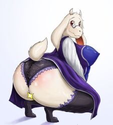 2016 anthro ass big_ass bovid caprine clothed clothing dress eyewear female glasses goat horn legwear looking_at_viewer looking_back mammal nipple_outline panties presenting presenting_hindquarters raised_tail shenzel smile solo stockings toriel undertale undertale_(series) underwear video_games