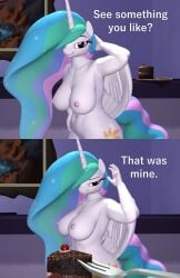 3d_(artwork) alicorn anthro anthrofied big_breasts breasts cake dessert digital_media_(artwork) equid equine feathers female food friendship_is_magic hair hi_res horn humor mammal multicolored_hair my_little_pony nude papadragon69 princess_celestia_(mlp) solo white_body white_feathers wings