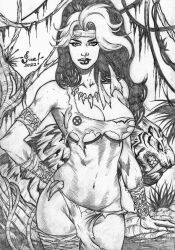 anna_marie cleavage headband jucilano jungle large_breasts loincloth looking_at_viewer marvel marvel_comics multicolored_hair rogue_(x-men) savage_land tooth_necklace torn_clothes voluptuous white_hair x-men