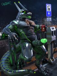 3:4 anthro armor armrest bent_arm beverage big_penis bodily_fluids by-nc-nd city creative_commons cum cum_drip dark_body detailed_background digital_media_(artwork) dirty dragon drinking dripping erection fence genital_fluids genitals glistening glistening_body green_body green_eyes happy happy_eyes hi_res huge_cock humanoid_genitalia humanoid_penis looking_at_viewer machine male metal metallic_body muscular muscular_anthro muscular_male night obfuscator oil oil_can open_mouth outside penis precum precum_drip robot rubber rubber_body science_fiction sign sky skyline smile solo station synth_(vader-san) tongue vesper