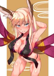 armpit_fetish armpit_hair armpits arms_up bent_over big_breasts blonde_armpit_hair blonde_hair blue_eyes blush breath cleavage clothing cosplay daki_(kimetsu_no_yaiba)_(cosplay) embarrassed female female_only hanging_breasts hanna-justina_marseille ito_(i_too04) large_breasts leaning_forward lingerie long_hair looking_at_viewer nipple_bulge obi panties solo solo_female steam steaming_body strike_witches sweat world_witches_series