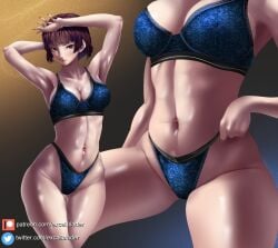 1girls 2022 abs armpits arms_above_head arms_up atlus blue_bra blue_lingerie blue_panties bra breasts brown_hair excaliblader female female_only fit fit_female highleg_panties hips large_breasts lingerie makoto_niijima panties patreon_username persona persona_5 red_eyes sega short_hair simple_background slim_waist thick_thighs thighs toned toned_female toned_stomach twitter_username wide_hips