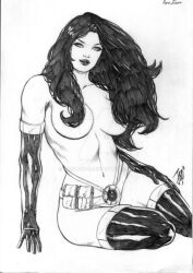 1girls batman_(series) belt black_and_white black_hair dc dc_comics gloves hair_covering_breasts helena_bertinelli huntress_(dc) joe_lima large_breasts long_hair thighhighs