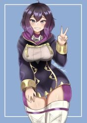 1girls artist_signature coat curvaceous curvy curvy_figure eyebrows_visible_through_hair fire_emblem fire_emblem_awakening looking_at_viewer morgan_(fire_emblem) morgan_(fire_emblem)_(female) peace_sign purple_hair short_hair simple_background smile solo thick_thighs thigh_gap thigh_highs v wide_hips zet_(twt_zet)