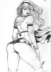 ass black_and_white bubble_butt dc dc_comics gloves hairband joe_lima kara_danvers kara_zor-el kryptonian large_breasts long_hair looking_at_viewer looking_back microskirt miniskirt panties rear_view skimpy_costume supergirl superman_(series) thick_thighs upskirt voluptuous