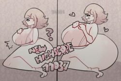 ? ass_expansion breast_expansion danganronpa danganronpa_2:_goodbye_despair english_text female huge_breasts hyper hyper_breasts kneeling lowres nainita nanami_chiaki short_hair smooth_skin solo tongue_out