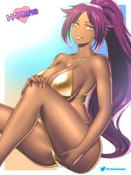 1girls alternate_costume artist_name bikini bleach breasts cleavage collarbone colored_eyelashes dark-skinned_female dark_skin etchimune feet_out_of_frame female fingernails gold_bikini high_ponytail large_breasts long_hair parted_bangs purple_hair shihouin_yoruichi sideboob sitting solo spaghetti_strap swimsuit thighs underboob very_long_hair yellow_eyes