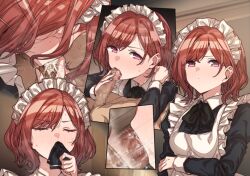 after_fellatio bangs blush censored cum cum_in_mouth erere fellatio female higuchi_madoka idolmaster idolmaster_shiny_colors long_sleeves looking_at_viewer maid maid_headdress mosaic_censoring multiple_views oral parted_bangs penis purple_eyes red_hair short_hair solo_focus straight sweatdrop