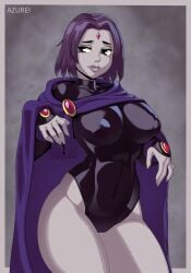 areolae athletic athletic_female azurei big_breasts breasts busty cape dc dc_comics female female_focus female_only grey_skin hourglass_figure navel nipples pale-skinned_female pale_skin purple_eyes purple_hair rachel_roth raven_(dc) short_hair solo solo_female standing straight_hair teen_titans wide_hips